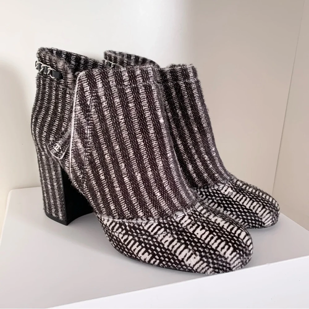 Chanel pony hair chain logo zipper booties